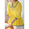 2025 New Style Unique Temperament Three-quarter Sleeve Top Versatile Yellow Waist Shirt Button Splicing Pullover for Women