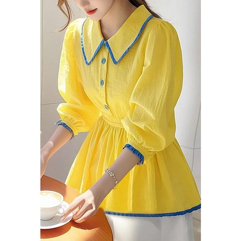

2025 New Style Unique Temperament Three-quarter Sleeve Top Versatile Yellow Waist Shirt Button Splicing Pullover for Women L жёлтый