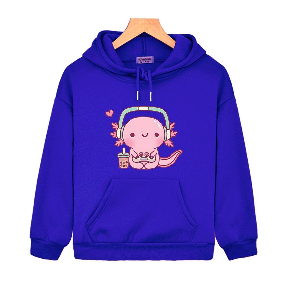 Cute Axolotl Playing Video Games Hoodie Cartoon Gamer Funny Print Sweatshirt Kids Clothes Boys Girl Clothing Y2k Winter Pullover