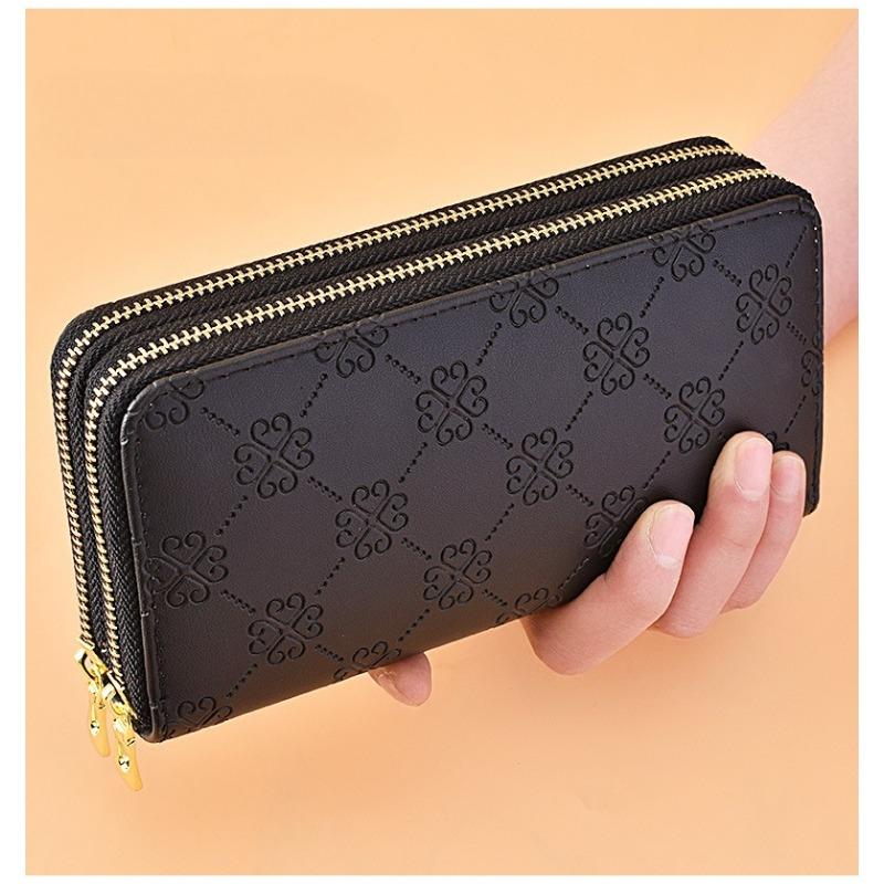Wallet for women, long, European and American, shiny leather, double zipper handbag, large capacity, double-layer phone bag, frosted wrist wallet
