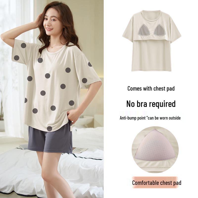 Women's Summer Modal Pajama Set with Chest Pad - Short Sleeve and Shorts, Cool Rayon, Anti-Bump, Suitable for Outdoor Wear