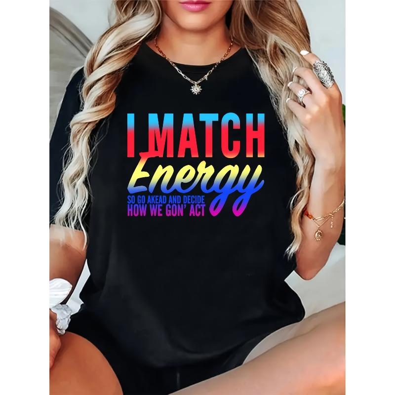

European Size Women s Retro I MATCH ENERGY Graphic T-Shirt - Oversized Casual Fit with Bold Multicolor Block Lettering, Short Sleeve Round Neck 4XL чорний