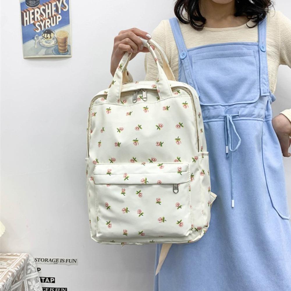 Fashion Large Capacity Women's Backpack Flower Print with Handle Student Backpack Nylon Japanese Style School Bag Students