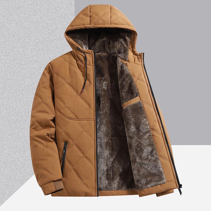 Men's Mid-Length Hooded Winter Coat with Velvet Lining for Middle-Aged and Elderly