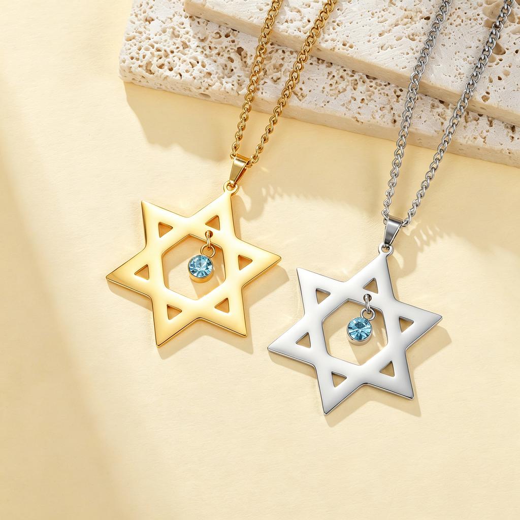 Lucktune Star of David Pendant Necklace for Men Women Light Blue Zircon Charm Hexagram Jewish Israel Necklace Vintage Jewelry