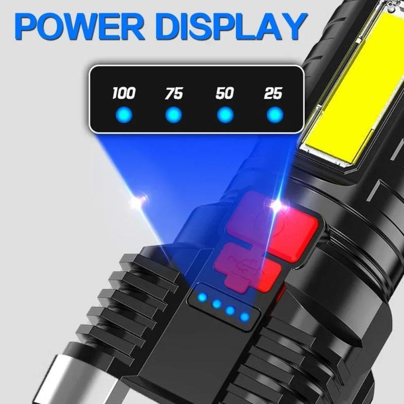 LED Super Bright Rechargeable Flashlight Waterproof Long Range Spotlight COB Light Battery Display Outdoor Camping Torch