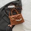 Elegant Pleated Bow Design PU Shoulder Bags for Women Solid Color Pearl Chain Ladies Crossbody Bag Simple Female Square Handbags