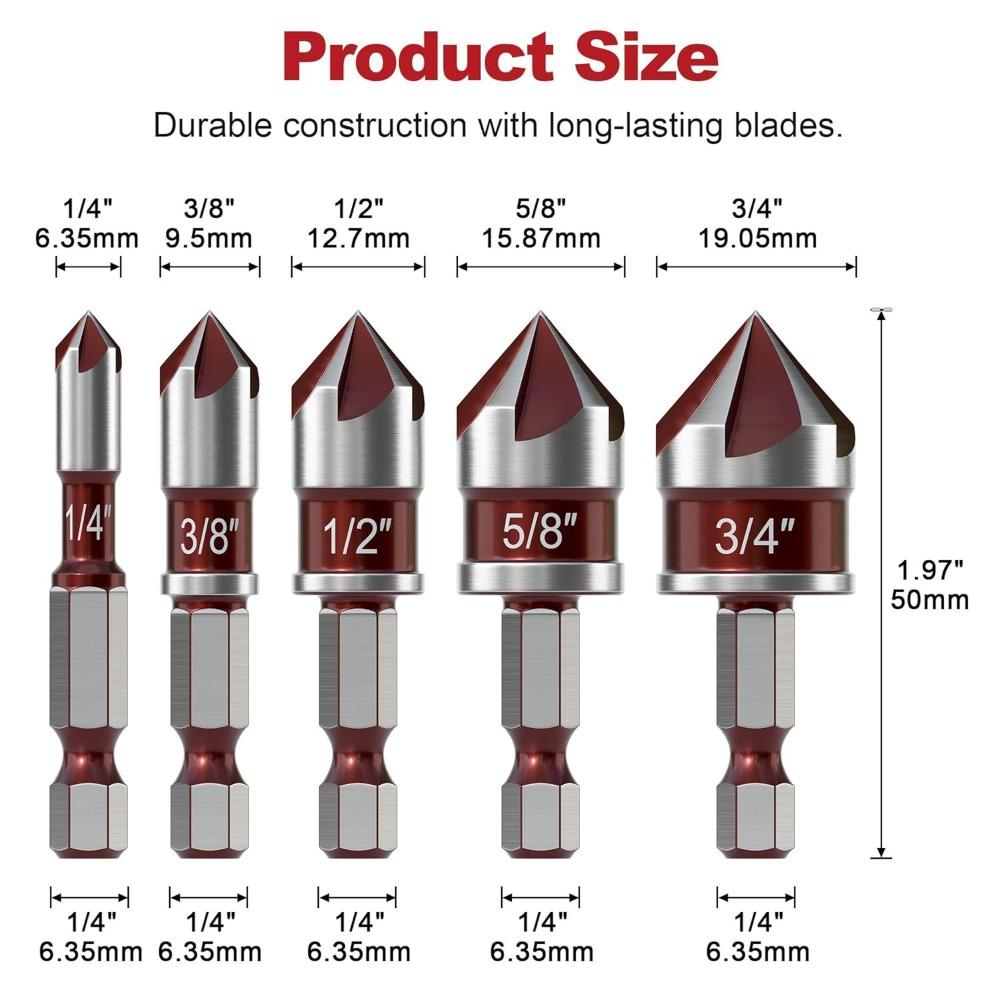 5PCS 1/4 3/8 1/2 5/8 3/4inch Countersunk Bits Multi-Size Deburring Bit Countersink Bits  Plastic