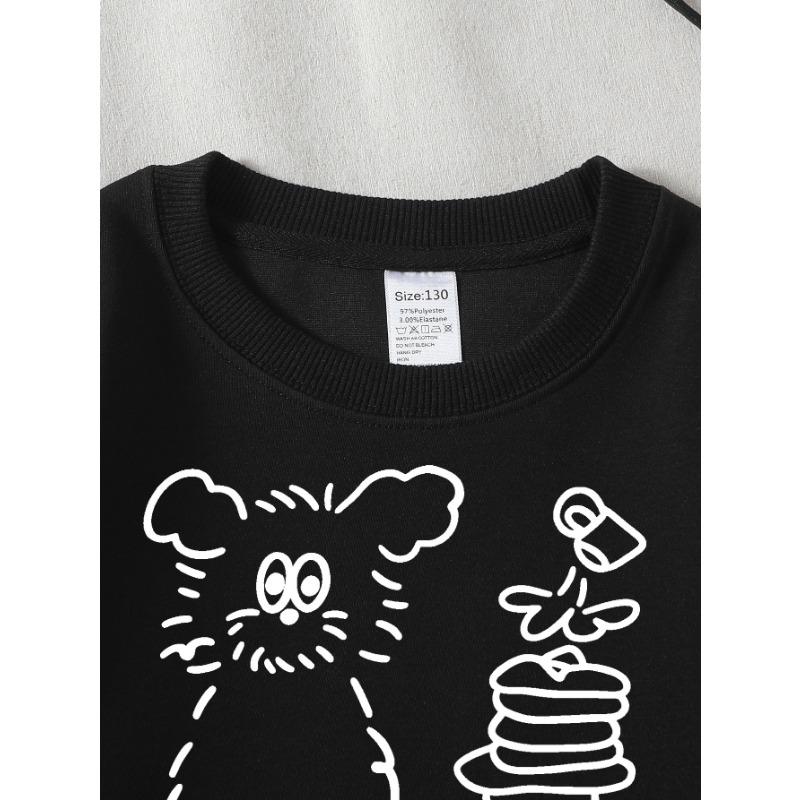 European Sizes Girls' Crew Neck Sweatshirt Cute Rabbit Pancakes And Book Print, Soft Cozy Pullover, Warm Casual for Autumn & Winter.