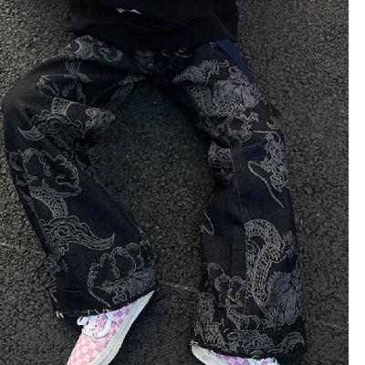 Drachenmuster Druckdesign Vintage Y2K Jeans Damen Herbst und Winter Personalisierte Graffiti Gerade Weitbein Hose Streetwear
