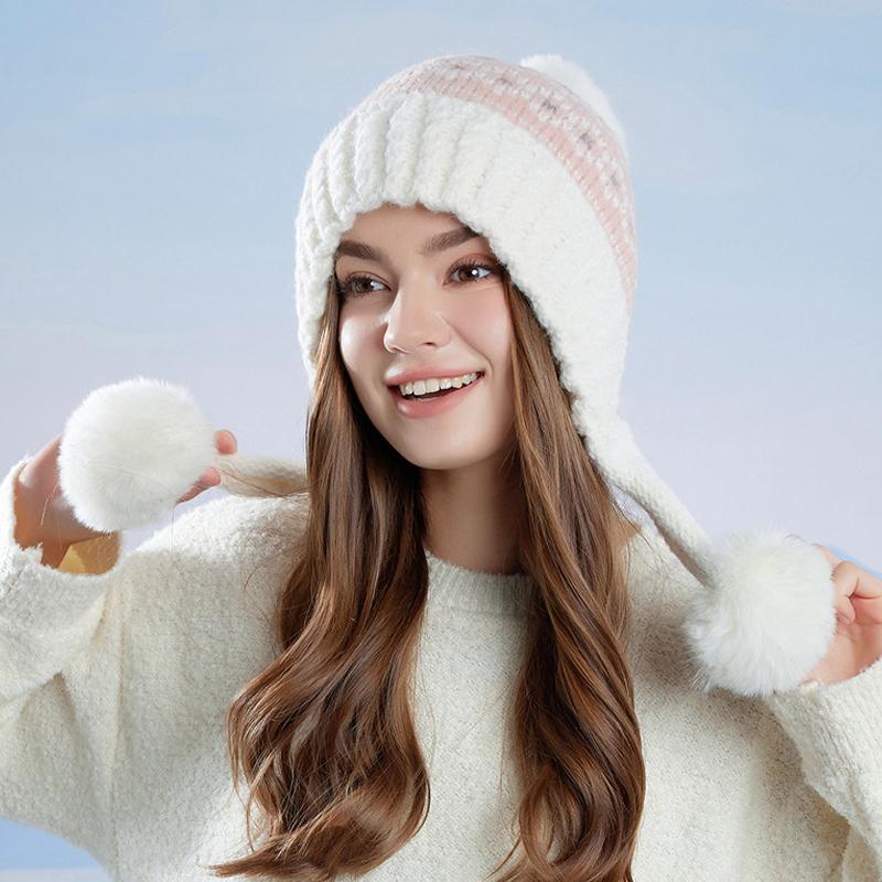 Fur Ball Ear Protection Knitted Hat Women Velvet Warm Wool Hat Big Head Cap