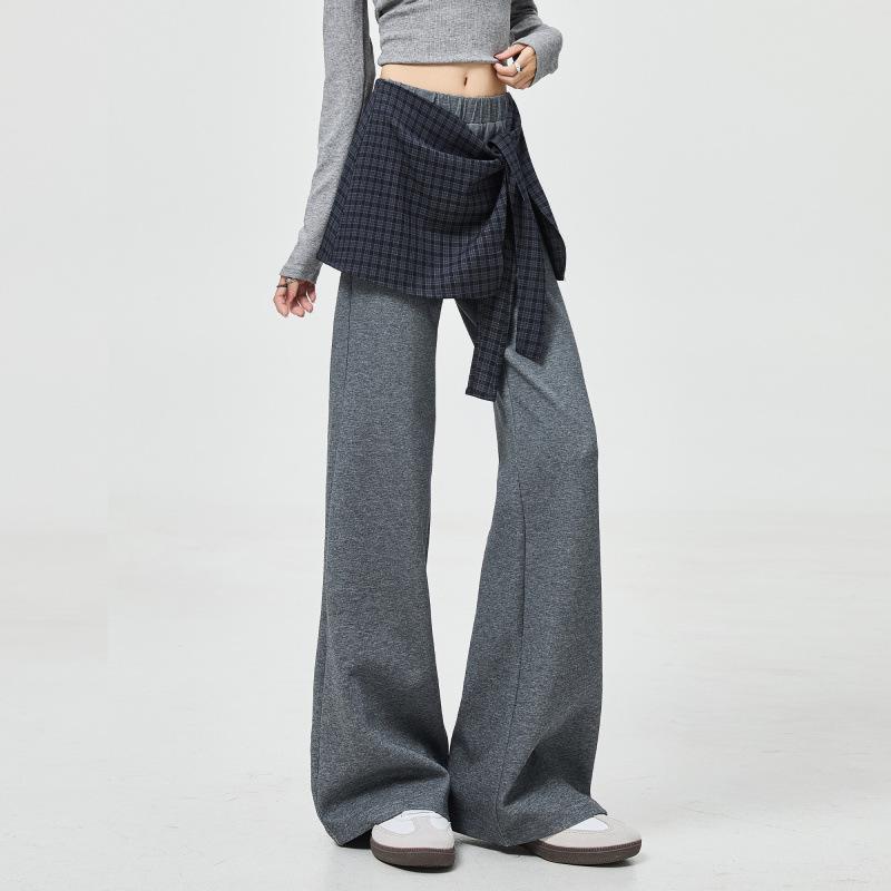 2025 Dark Blue Plaid Patchwork High-Waisted Slimming Loose Women s Casual Pants Medium