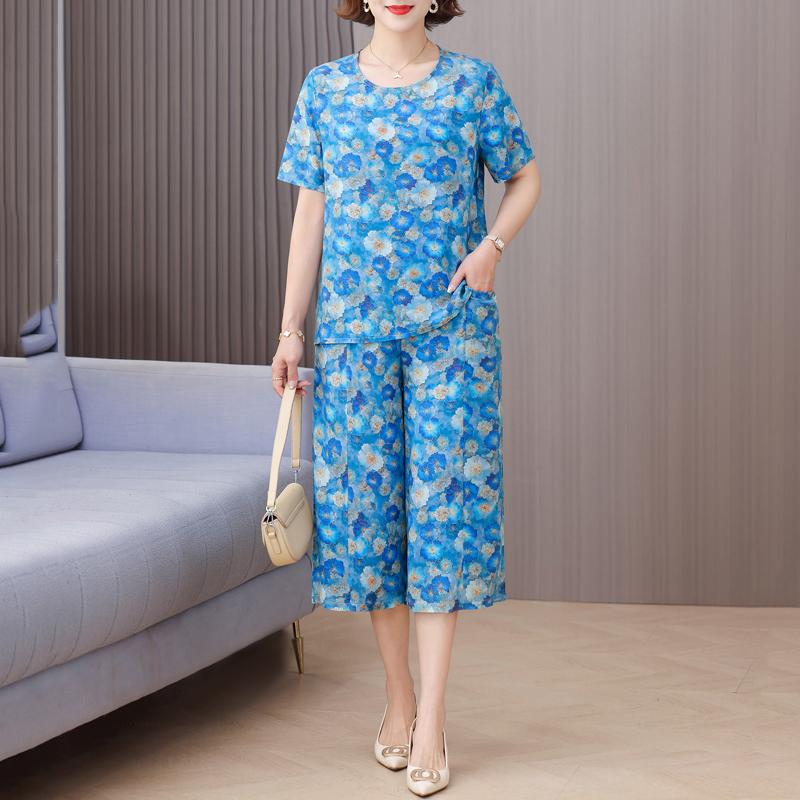 Elegante 2-teilige Sets Damen Sommerkleidung Vintage Lockerer Druck Übergröße Hosenanzüge