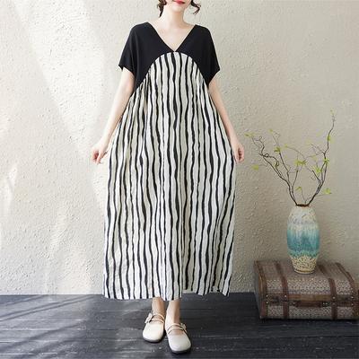 DIMANAF Neues 2025 Übergröße Sommerkleid Locker Damen V-Ausschnitt Vintage Streifen Lässig Kurzarmkleid Maxi