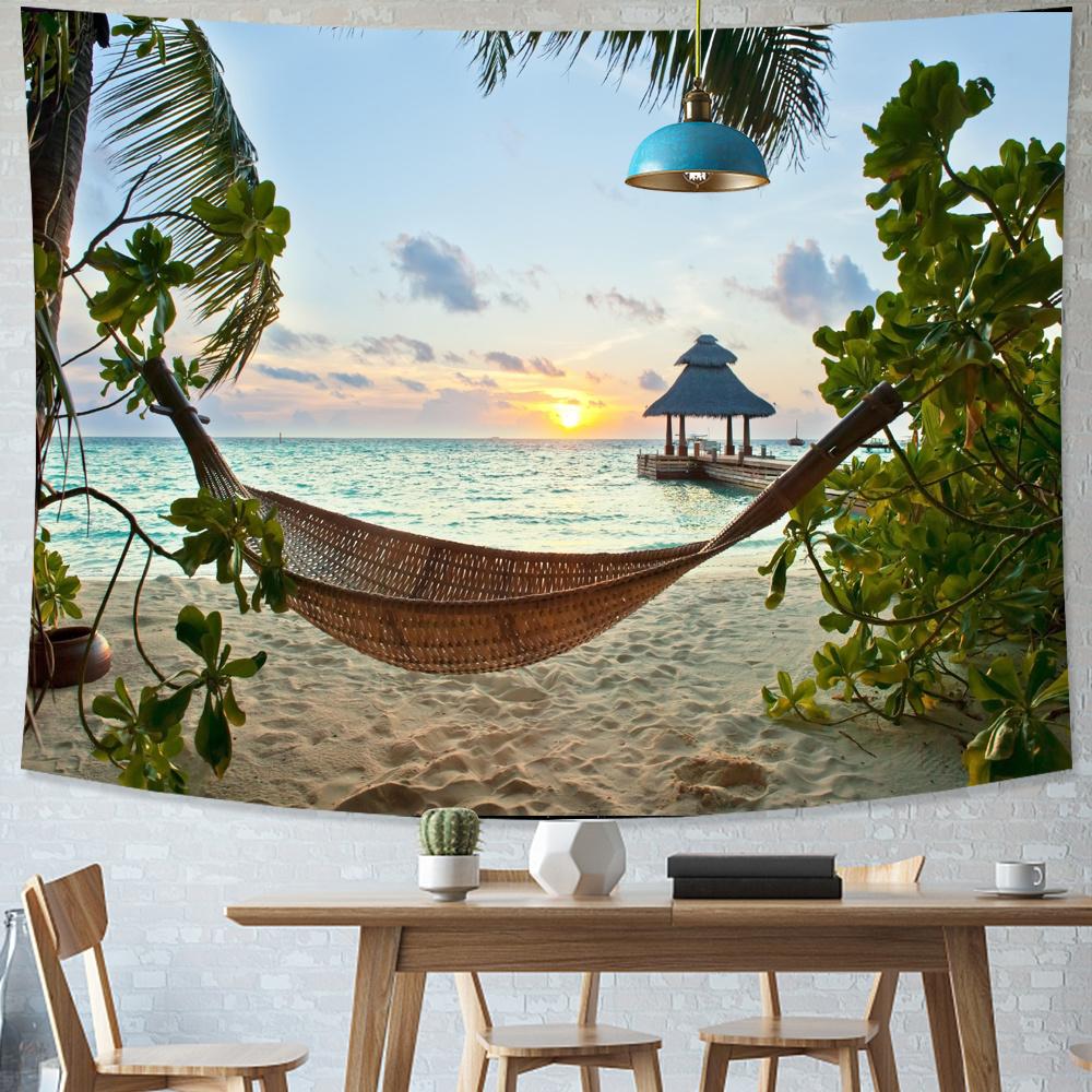 Wasserfall Abend Strand Kokospalme Naturlandschaft Wandbehang für Hauszimmer Dekoration Fenster Meerblick Wandteppich