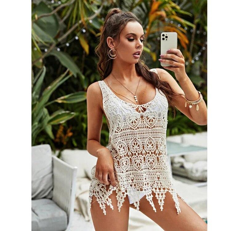 2026 Sexy Sheer Mesh Knit Bikini Cover Up Hollow Out Summer Top Ladies Beachwear Swimwear Lace Patchwork Tassel Dresses Sleeveless