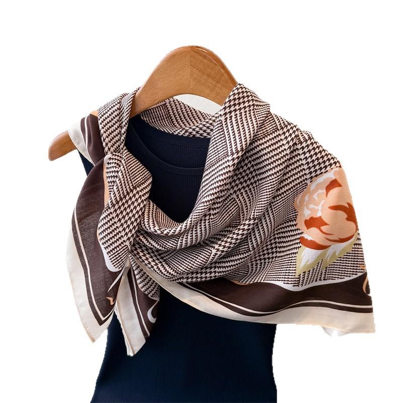 Small Fragrant Plaid Imitation Silk Large Square Scarf Retro Printing Shawl Neck Silk Scarf Herringbone Pattern Women'S Scarf Headscarf