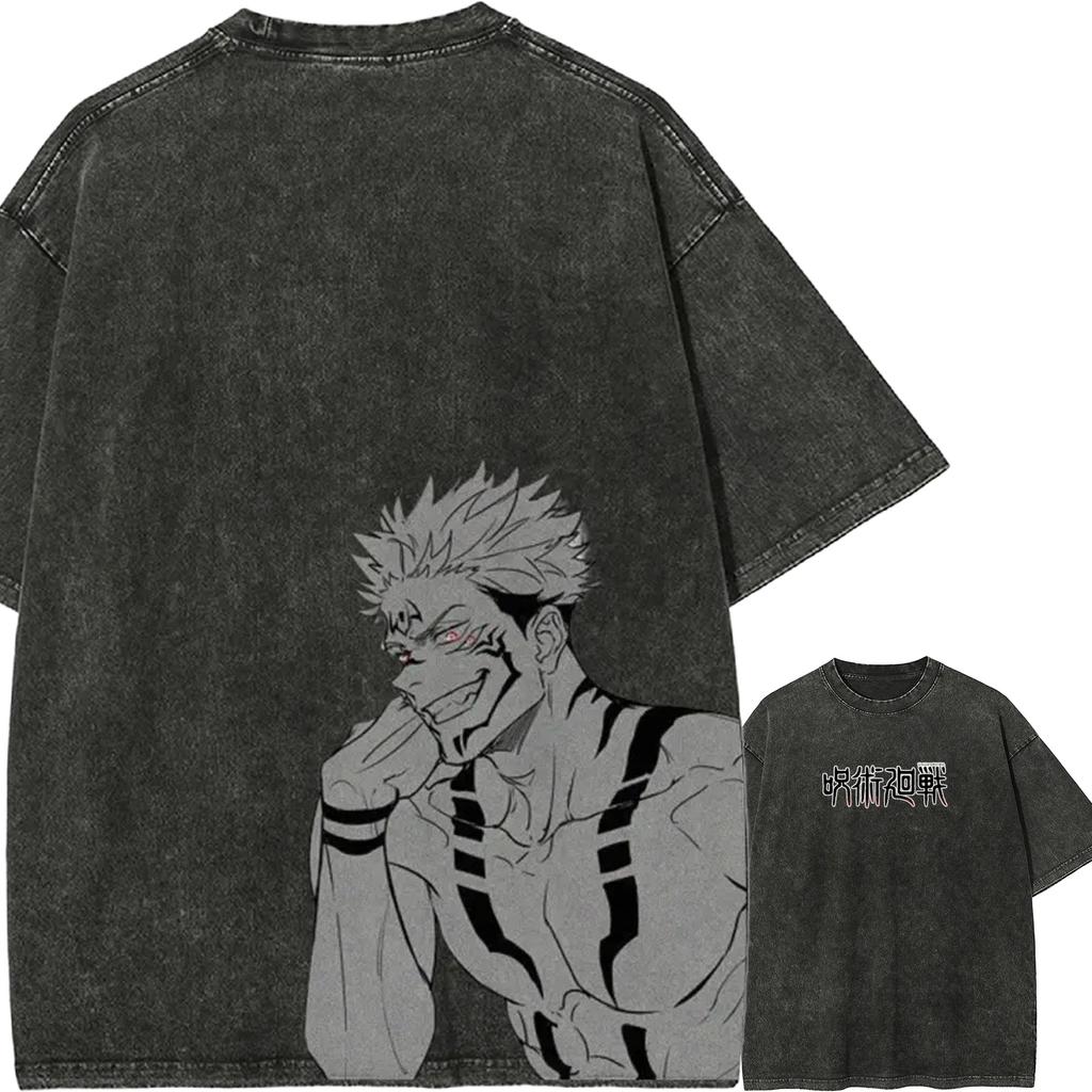 Sukuna Muscle Tshirt Jujutsu Kaisen Tee Vintage Washed Oversized Retro Anime Harajuku Streetwear Graphic Manga Mens Clothing