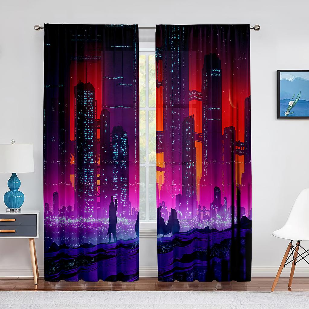 Punk Night City Landscape Purple Neon 2panels Curtain for Living Room Bedroom Drape Kitchen Window Curtains Home Essentials