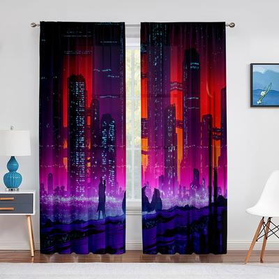Peisaj Urban Nocturn Violet Neon Perdea Transparentă pentru Living Dormitor Draperie Voile Fereastră Bucătărie Perdele Tulle Esențiale pentru Casă