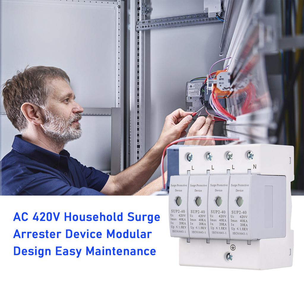 AC 420V Surge Protective Device 4P 40KA Surge Arrester Household Thunder Proof Protector Breaker DIN Rail Installation
