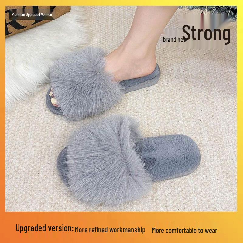 2026 Autumn/Winter Women's Silent Plush Cotton Slippers - Furry, Solid Color, One-Word Design, Indoor/Outdoor Wear.