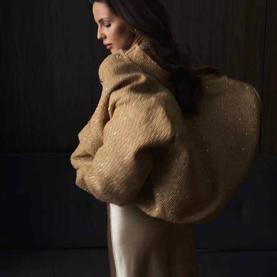 Europäische Goldfaden Pailletten Stehkragen Locker Jacke