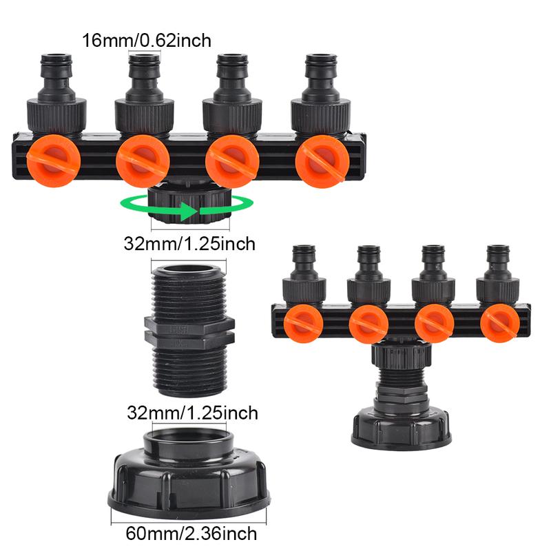 IBC Faucet Adapter PVC Bulkhead Adapter with 4-Way Water Splitters Valve Garden Hose Fitting For 1000L Outdoor Water Tank