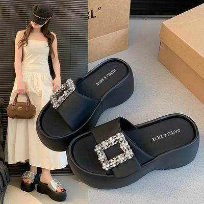 Thick-bottomed Rhinestone Buckle Sandals Women's Imitation Leather Wedge Heel Hairpin Drag Versatile Muffin Bottom Cool Slippers Waterproof Table One-
