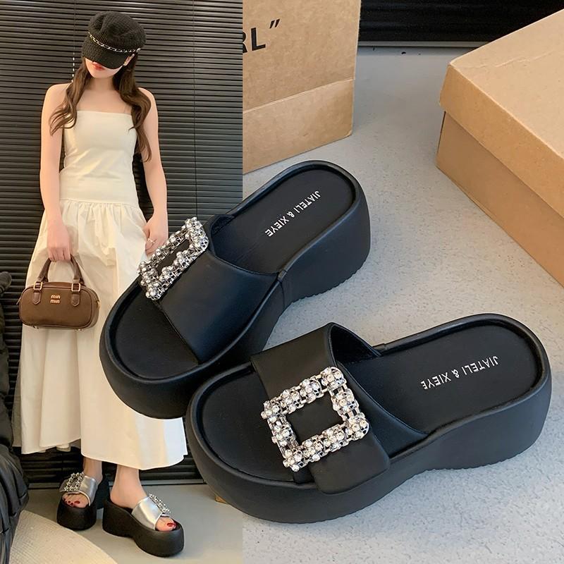 Thick-bottomed Rhinestone Buckle Sandals Women's Imitation Leather Wedge Heel Hairpin Drag Versatile Muffin Bottom Cool Slippers Waterproof Table One-