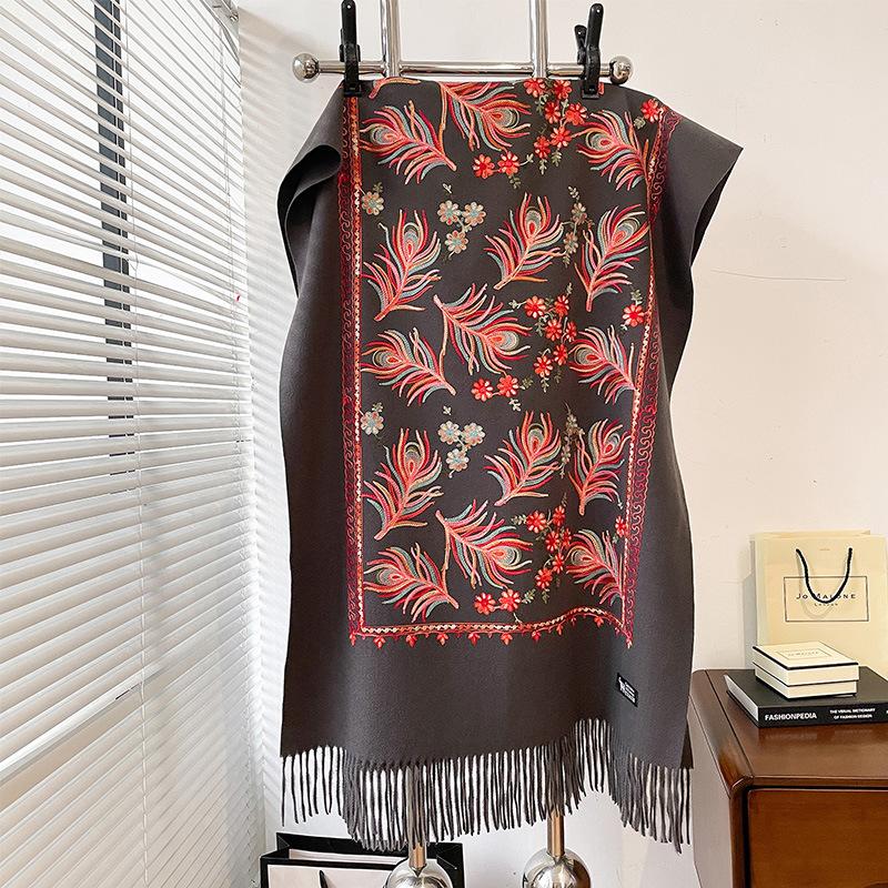 Winter Warm Cashmere Scarf for Women Floral Embroidery Pashmina Blanket Thick Shawl Wrap Neckerchief Elegant Poncho Bufanda