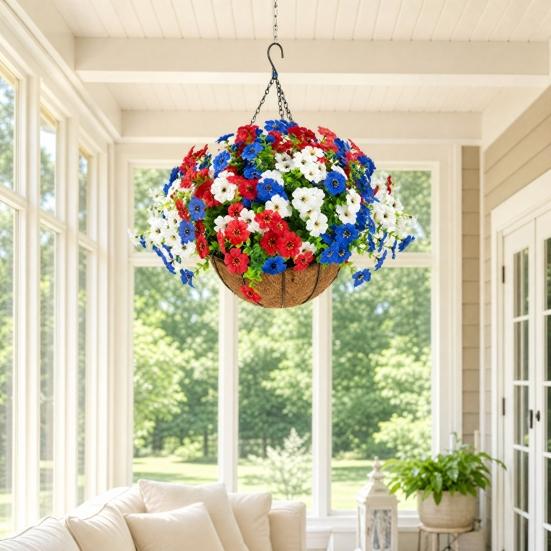 Artificial Outdoor Flower with Hanging Baskets, Red White Blue Fake Flower Planter, Patriotic Decor for 4th of July, Porch Garden