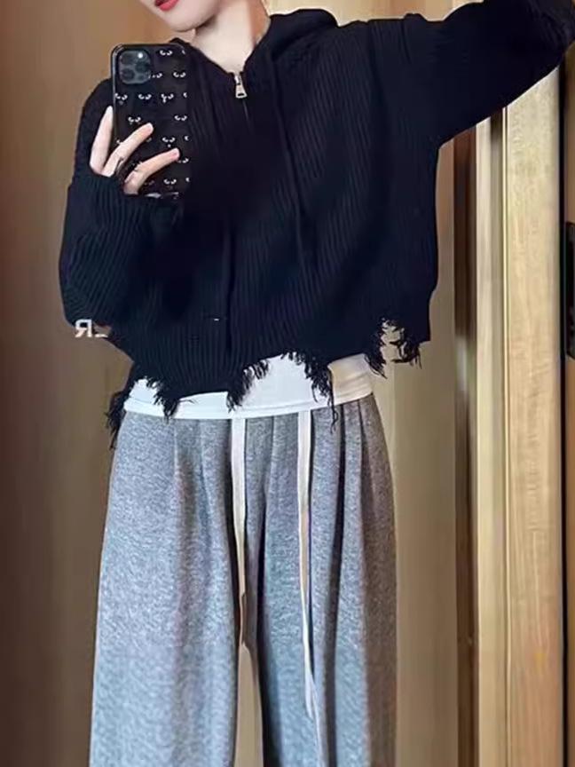 2025 Women's Korean Style Loose Tassel Sweater with Hooded Zipper and Torn Edge Design for Autumn Winter