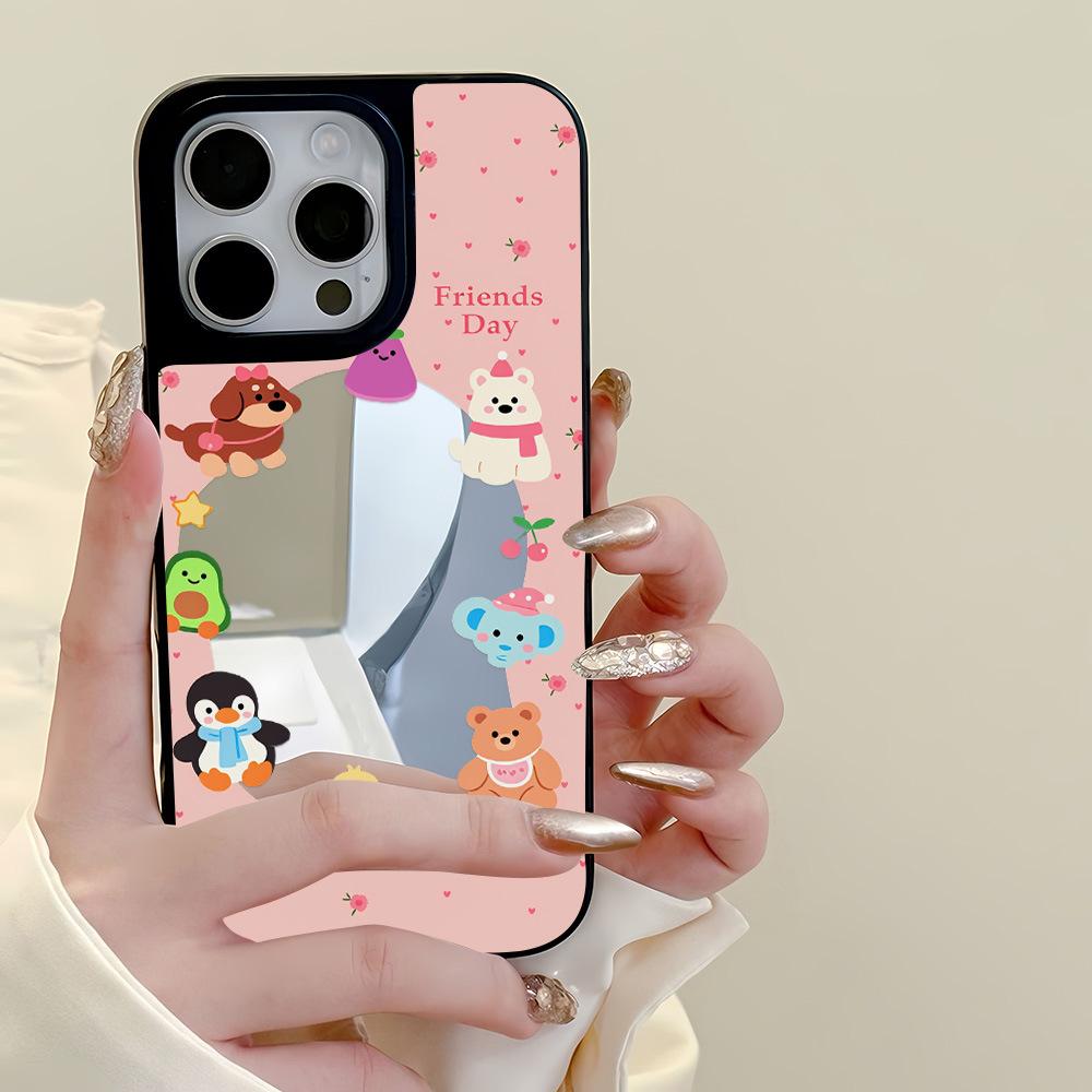 Circle animals are suitable for Apple 17ProMax black frame mirror mobile phone case 15 all-inclusive 13/12 niche 14 large holes