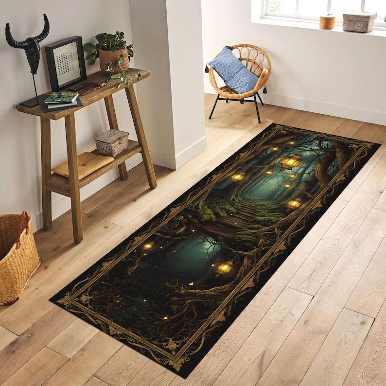 

Dreamy Forest Runner Rug Lantern Road Print Floor Decor Carpet Nature Style Non-slip Carpet for Hallway Living Room Bedroom 40X120CM