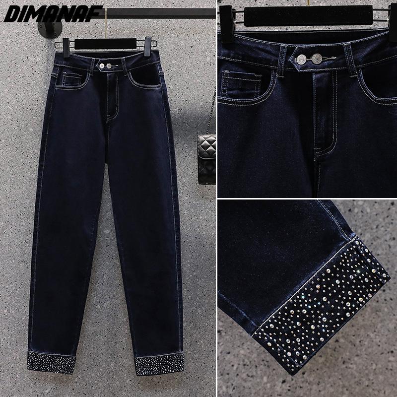 DIMANAF Plus Größe Frauen Herbst Jeans Feste Hosen Harem Denim Weibliche Elastische Grundlegende Blau Hohe Taille Hose Oversize Mode Neue Hosen 4XL 5XL