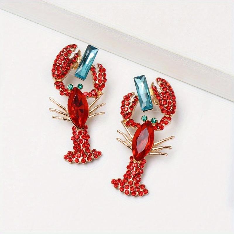 1 Pair Red Rhinestone Lobster Earrings Alloy Shiny Crayfish Dangler for Women Fashion Personality Drop Earrings Crystal Earrings