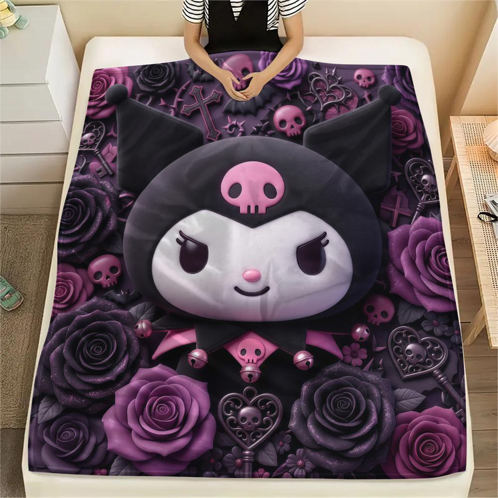 1PC Kuromi Print Flannel Blanket, High quality All Seasons, Home Decor, Warmth and Comfort, Perfect for Christmas Gifts
