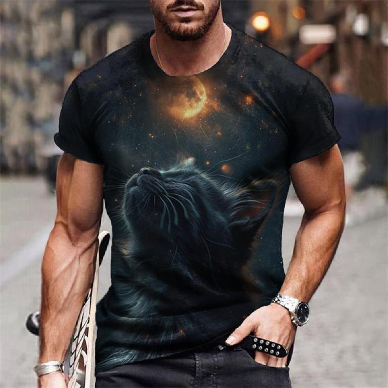 Sternenhimmel Katze Universum Muster Herren T-Shirts Lustiges Tier 3D Druck T-Shirts Sommer Harajuku Kurzarm O-Ausschnitt Oberteile