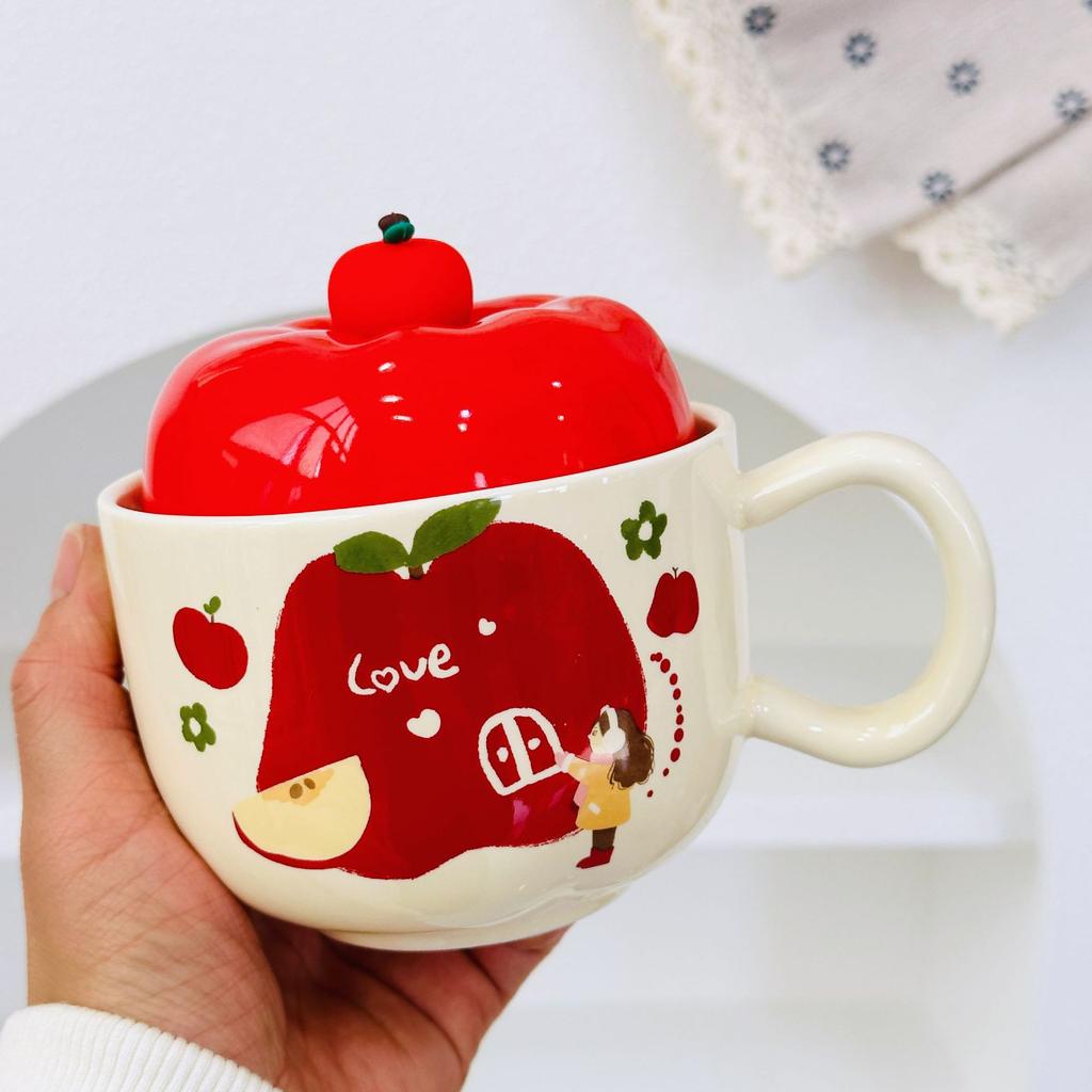 Neues Produkt mit Deckel Weihnachtsapfel Keramiktasse Hochwertiges Set Becher Souvenir Cartoon Niedlich Handbecher Geschenk