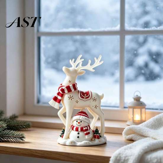 Unique Housewarming Gift Christmas Reindeer Snowman Resin Figurine, White Deer Statue with Red Scarf, Indoor Holiday Ornament Winter Tabletop