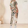 Women Plus Size Boho Leopard Palm Leaf Mix Print Scrub Set Short Sleeve V Neck Top And Wide Long Pants Medical Uniform