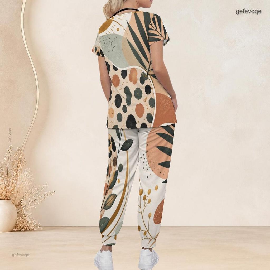 Women Plus Size Boho Leopard Palm Leaf Mix Print Scrub Set Short Sleeve V Neck Top And Wide Long Pants Medical Uniform