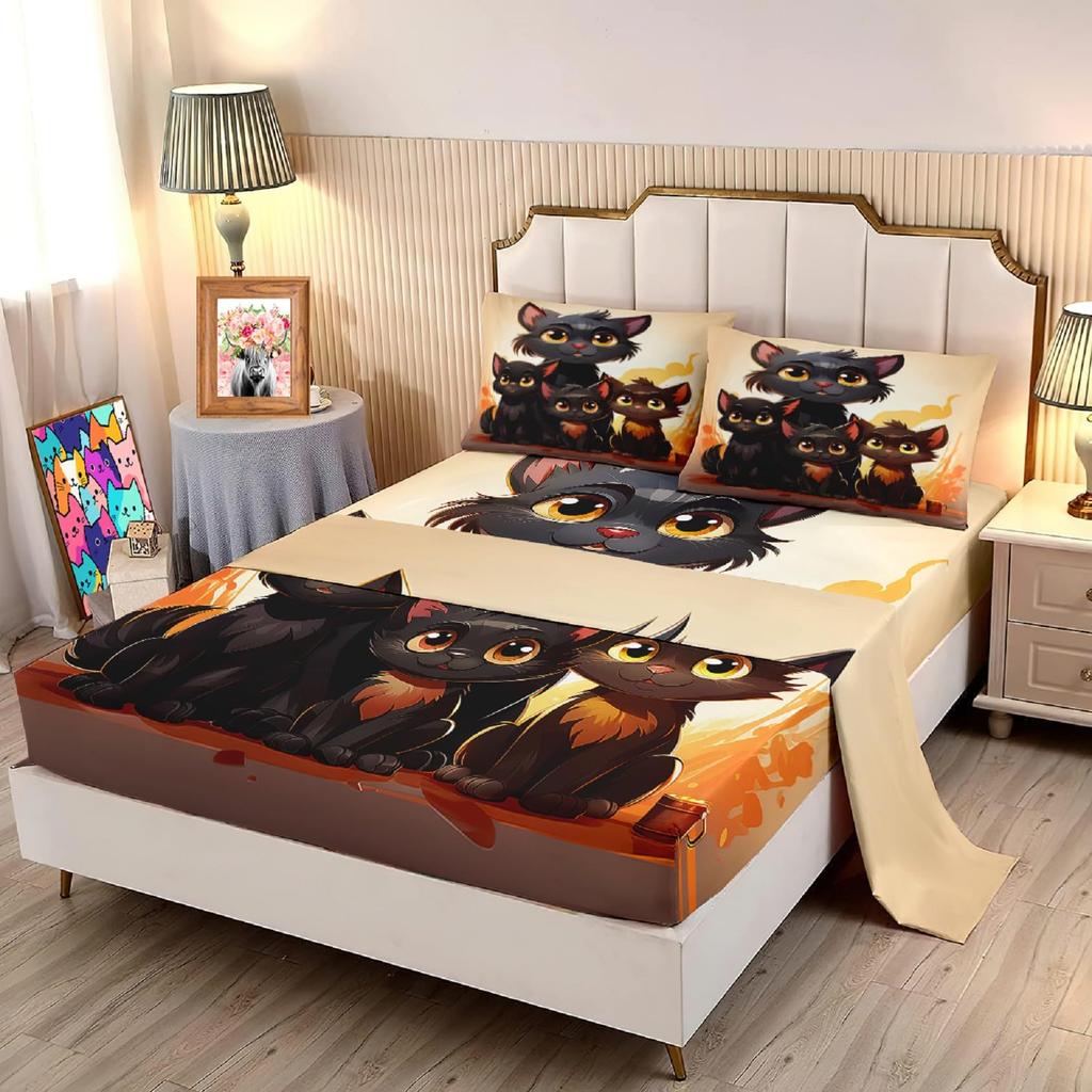 Cute cartoon cat family pattern mattress four-piece bedding set bedroom dormitory bedding set