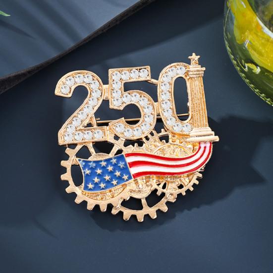 Women Brooch Golden 3D Number 250 Rhinestones Mechanical Gear Base Metallic Design Brooch Pin Sparkling Number Badge