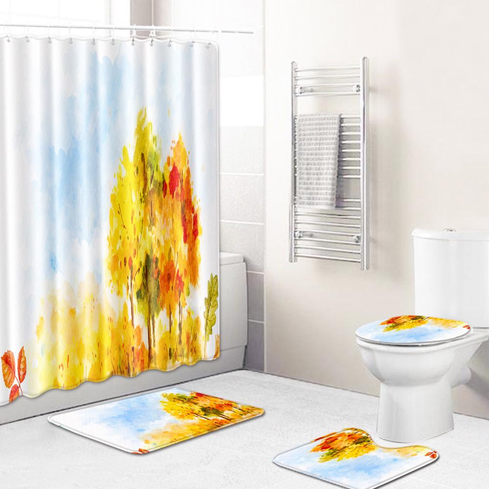 Watercolor Textured Bathroom Shower Curtain Floor Mat Toilet Cover Foot Mat Four-Piece Set
