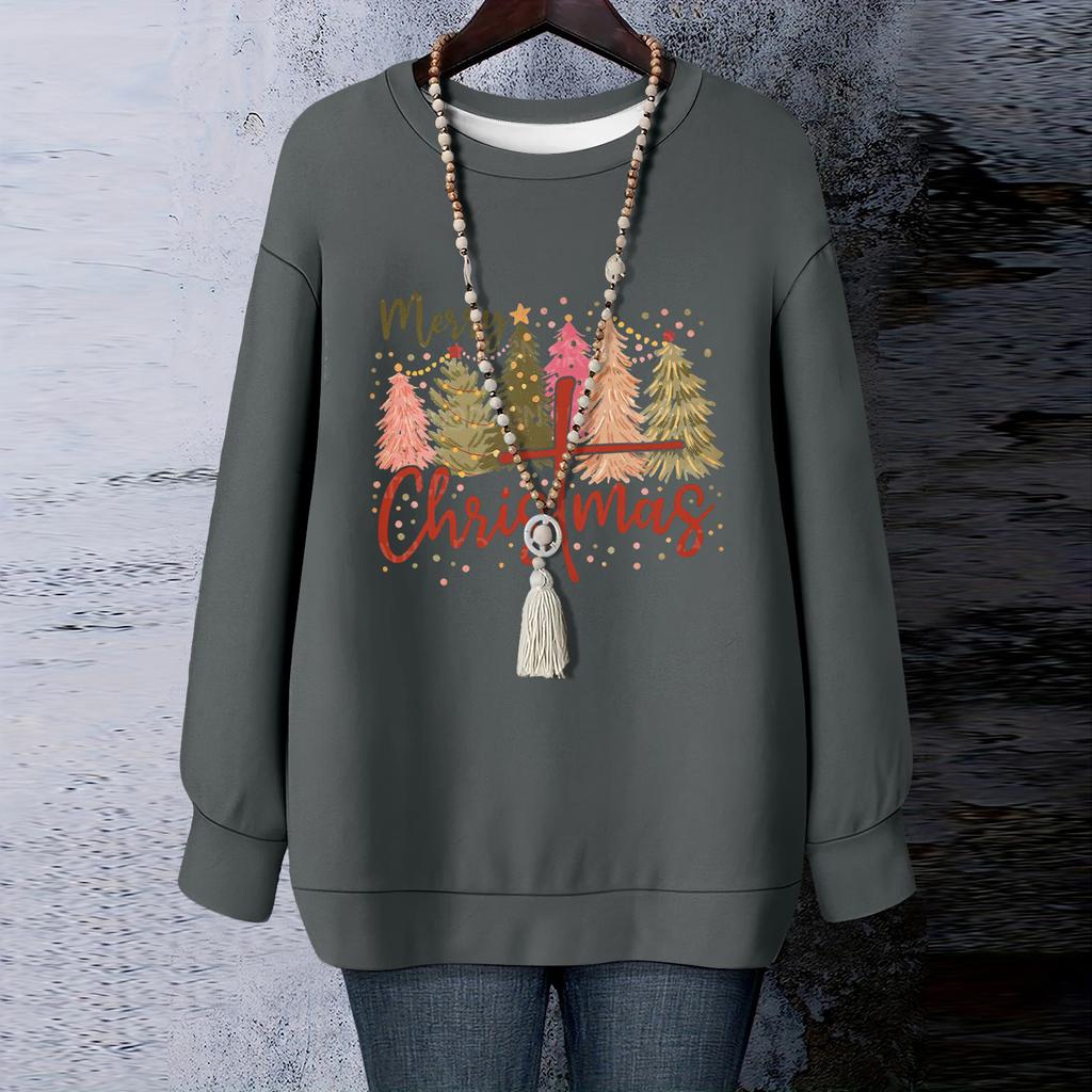 Ladies' Christmas Printed Round Neck Long Sleeved T-shirt Sweatshirt Top