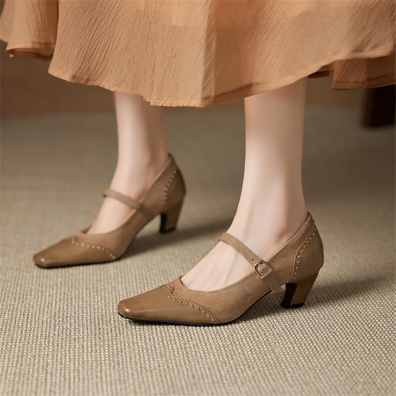 Fashion New Spring/autumn Genuine Leather Women Shoes Square Toe Shoes for Women Fashion Rivet Mary Jane Shoes High Heels Women Pumps