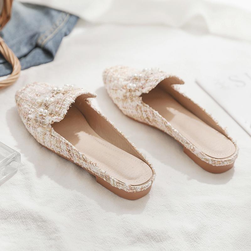 Fashion Aphixta 2025 New Summer Pearl Women Slides Ladies Shoes Flat Heel Cool Fashion Bow Fabrics Footwear Slippers Plus Big Size 43