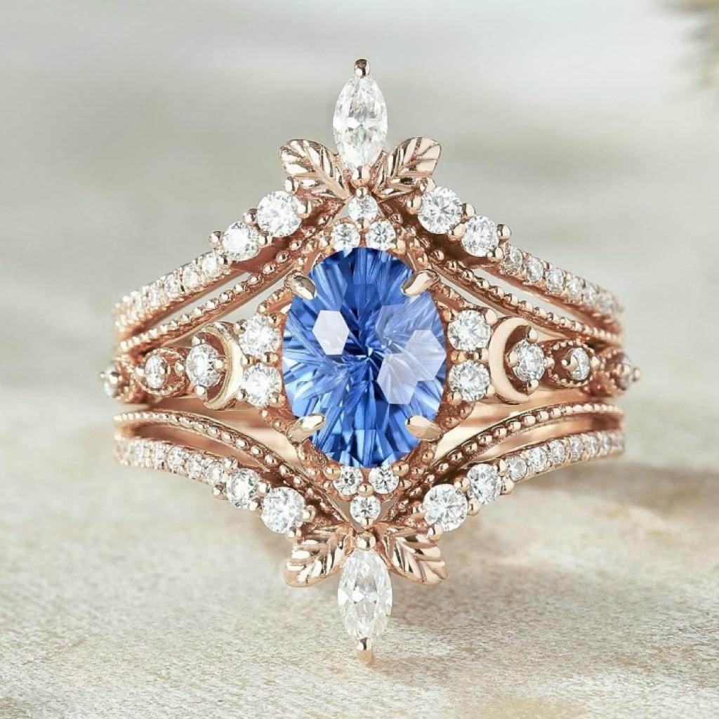 Luxury European and American Flower Pair Ring, Blue Zircon Crown Ring, Female Ring.